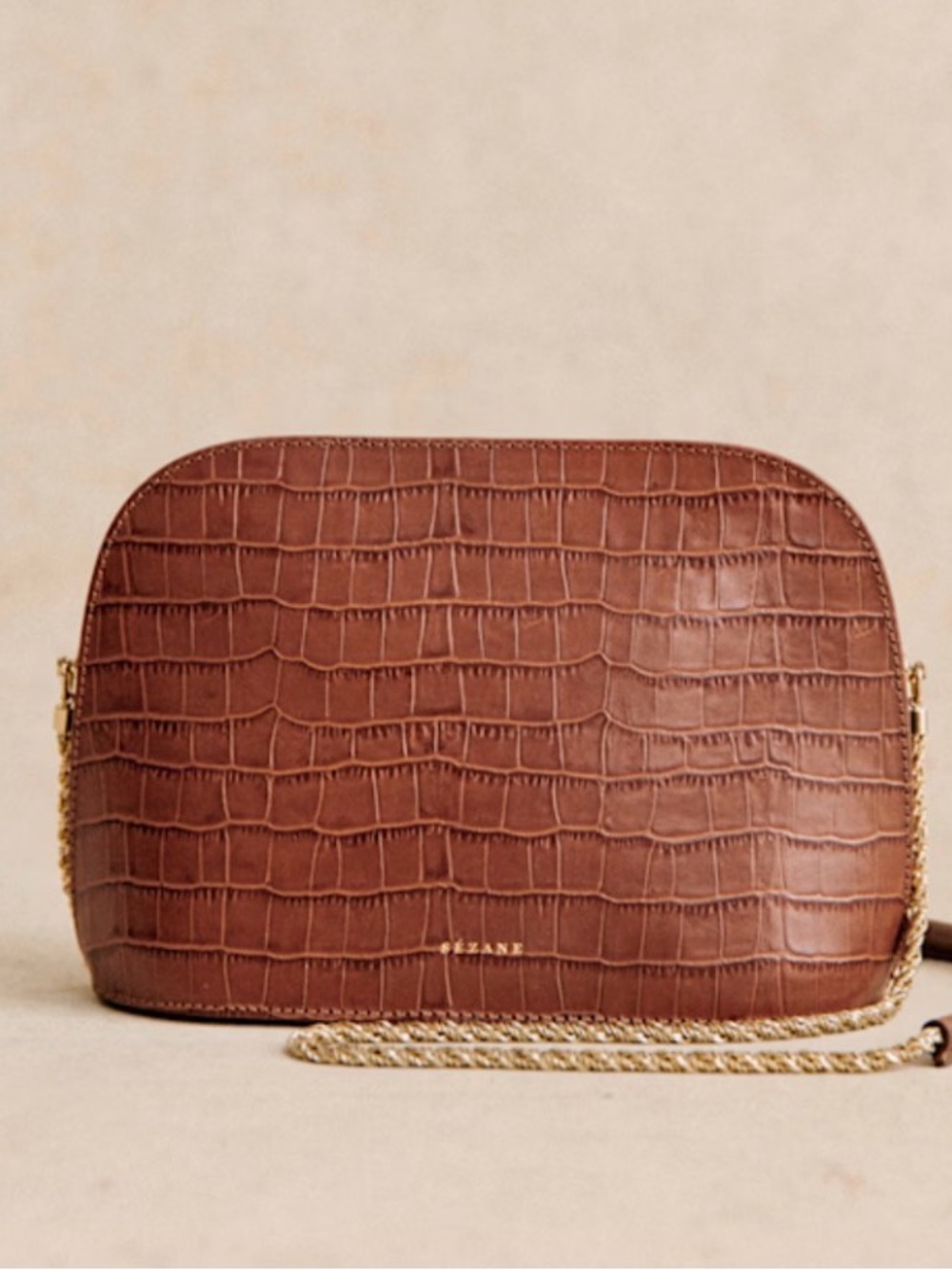 Sezane Cognac Croc-Embossed Leather Crossbody with Gold Rope Chain
